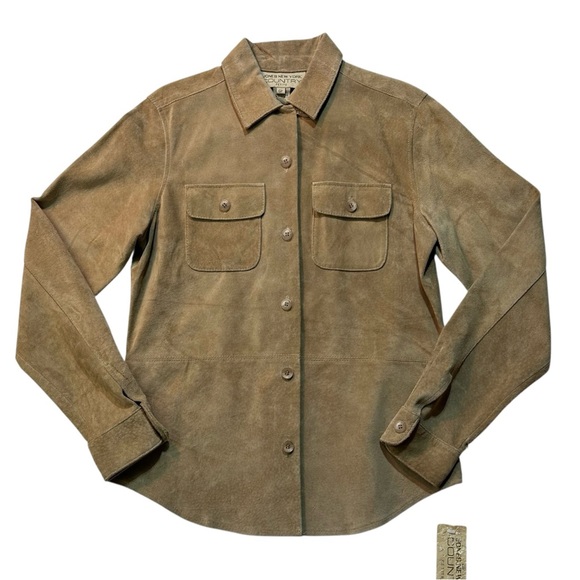 Vintage 90s Jones New York Country Petite Shirt Sz 6 P Beige Suede 100% Leather - Picture 1 of 9